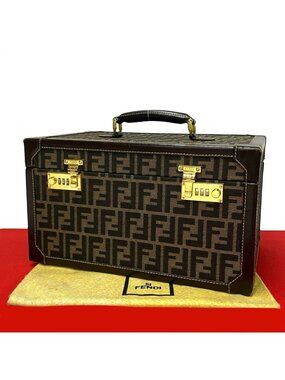 Fendi Zucca FF Pattern Canvas Leather Handbag Vanity Bag Makeup Box Brown